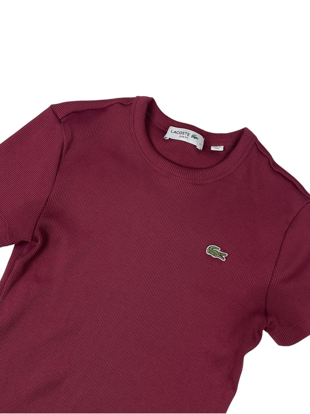 Lacoste Women's Slim Fit Ribbed Cotton T-Shirt Size 36 Small Burgundy